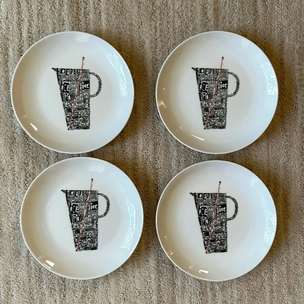 Set of 4 Crate Barrel Appetizer Plates Drinks Shake Sip Stir Chill